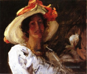  hat - Porträt von Clara Stephens trägt einen Hut mit einem orange Band William Merritt Chase